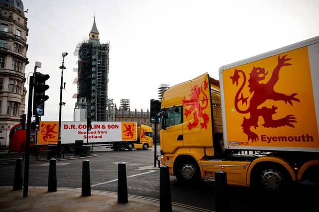 Lorries from Scotland drive past the Houses of Parliament in a protest action by fishermen against post-Brexit red tape and coronavirus restrictions, which they say could threaten the future of the industry, in London on January 18, 2021. (Photo by Tolga Akmen / AFP)