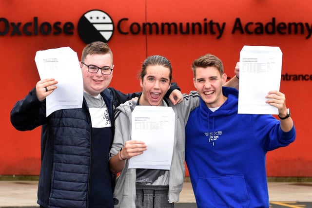 Oxclose Community Academy pupils Matthew Teasdale, Kevin Parkinson, Owen Richardson celebrate their GCSE exam results. Results day is the last time the whole year group will be together in school.