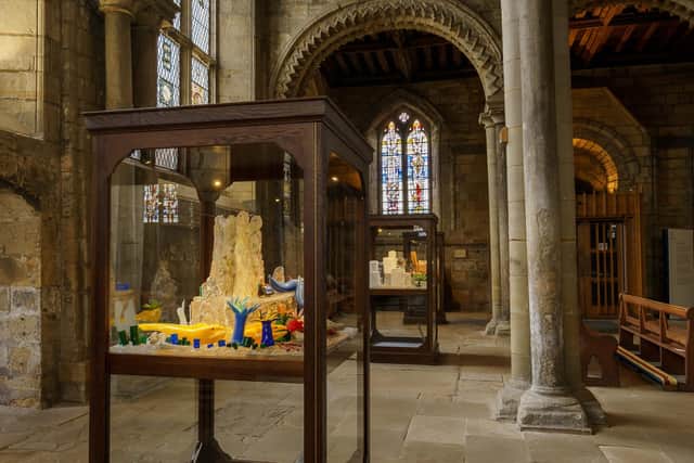 Monster Chetwynd’s dioramas of Bede and St Cuthbert is on display inside the Galilee Chapel at Durham Cathedral Picture: DAVID WOOD