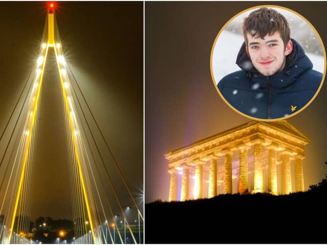 Sunderland's Northern Spire Bridge and Penshaw Monument were lit up yellow in honour of South Shields teen Kai Heslop. Images by Steven Lomas.