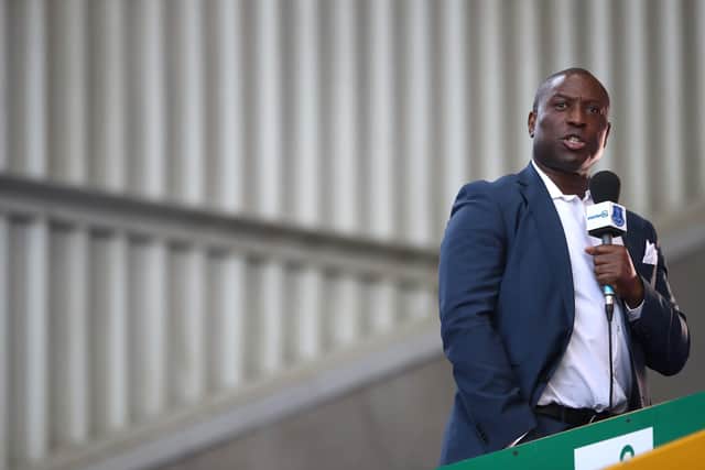 LIVERPOOL, ENGLAND - SEPTEMBER 19: Kevin Campbell speaks for Everton TV prior to the Premier League match between Everton and West Bromwich Albion at Goodison Park on September 19, 2020 in Liverpool, England. (Photo by Nick Potts - Pool/Getty Images)