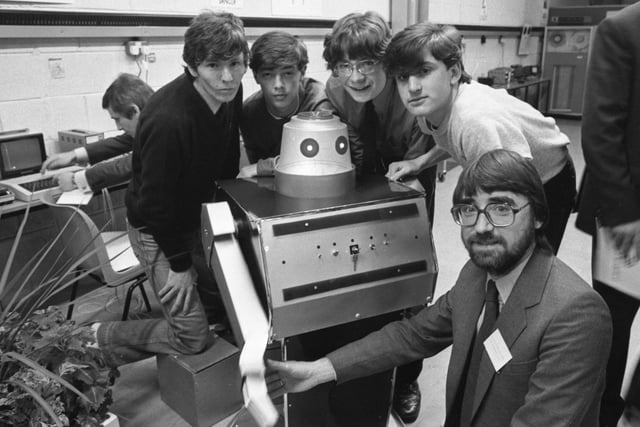 The opening of the training base at Sunderland's Information Technology Centre in Southwick.  Professor Tom Cannon meets Robert Robot and his creators, left to right: Trevor Henderson, David Horn, Mike Hutchinson and Ian Crabtree. Does this bring back memories?