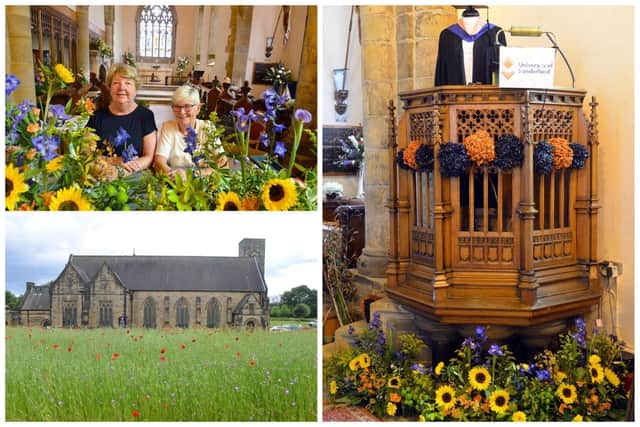 A floral display at St Peter's Church honours 1350 years of the landmark building