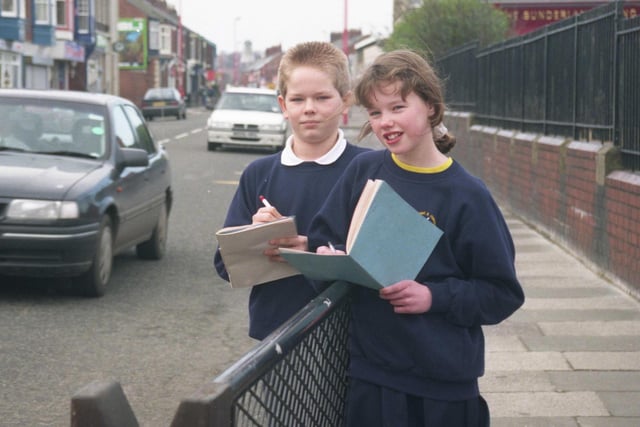 The pupils of Class 12 at Fulwell Junior School were so fed up with traffic problems in Fulwell that they wrote on mass to the Sunderland Echo in 1995. Here are Christopher Wrightson, and Sally Pilling.