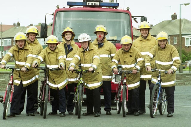 A coast-to-coast bike ride beckoned in 1999 for firefighters (left to right) Rod Anderson, Dave Ellison, Sub Officer Gordon Metcalf, Billy Langton, Station Officer Mick Redfearn, Fred Gallagher, Paul Lavender, Dave Watt, and Callum Bark.