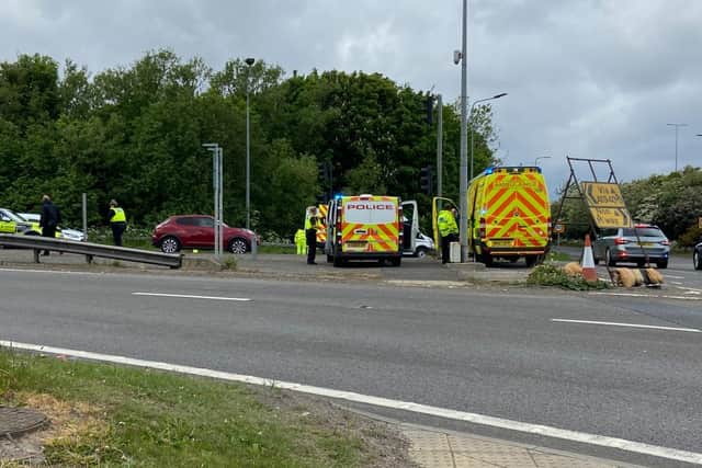 Emergency services at the scene of a crash at White Mare Pool roundabout