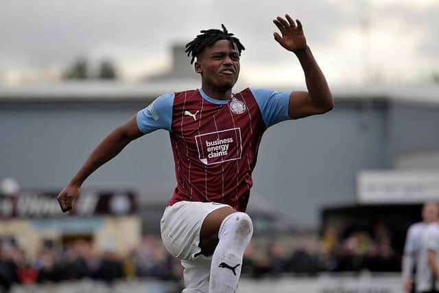 Mumba celebrates a goal while on loan at South Shields