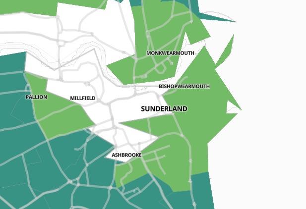 In the seven days leading up to June 1, less than three cases have been recorded in Sunderland Central and Deptford so no data is available in order to protect individuals' identities.