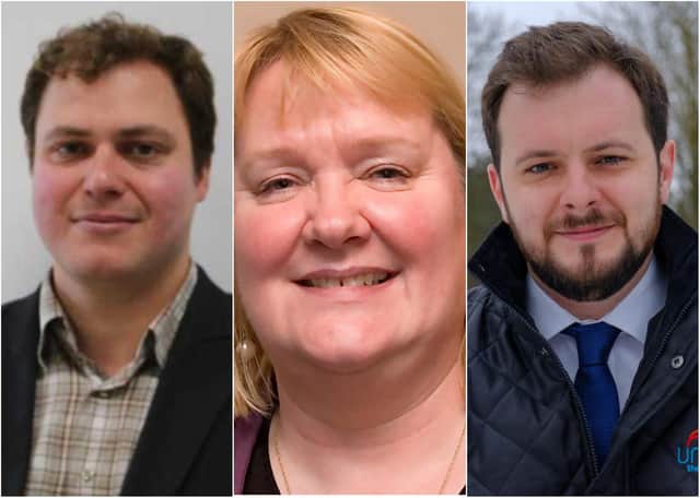 From left: Michal Chantkowski, Hilary Johnson and Sean Laws. No candidate profile or photo provided by Stephen Cuthbert.