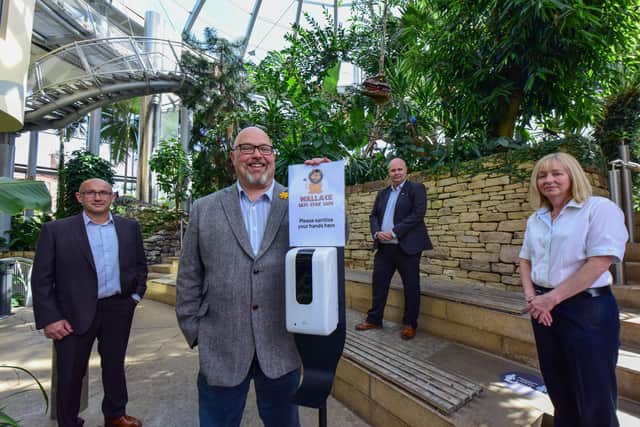 Leader of Sunderland City Council, Councillor Graeme Miller, next to one of the hand sanitisers at Sunderland Museum & Winter Gardens. Also pictured are Paul Moon, left, and Scott Robinson of BASF who provided the sanitisers, and Karen Lillistone; assistant visitors services manager at the museum.