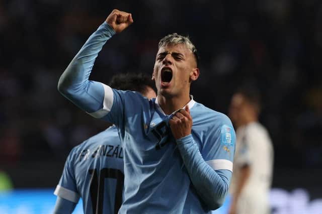 Luciano Rodriguez celebrates while playing for Uruguay Under-20s (Photo by ALEJANDRO PAGNI/AFP via Getty Images)
