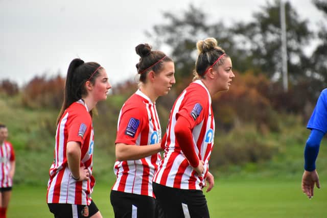 Sunderland Ladies trio Never Herron (left), Grace McCatty (middle) and Keira Ramshaw (right) in action - Photo by Chris Fryatt.