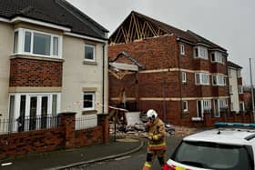 Gable end collapses in South Hylton due to high winds brought by Storm Eunice. Picture: Simon Walker.