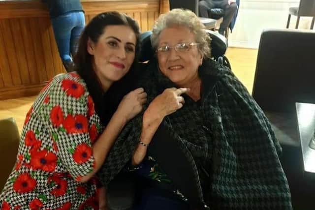 Mary Barker pictured with Deborah Taylor-Smith, who performs as Wor Vera, at a charity event at Hetton Lyons Cricket Club in November 2019.