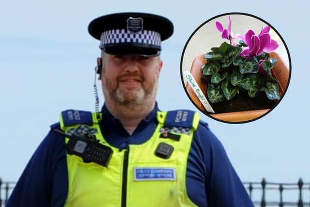PCSO Graham Wesley Dinning, who was known as Wez, died last month after becoming ill with coronavirus, with the planter presented to his teammates from the Foundation of Light's students inset.