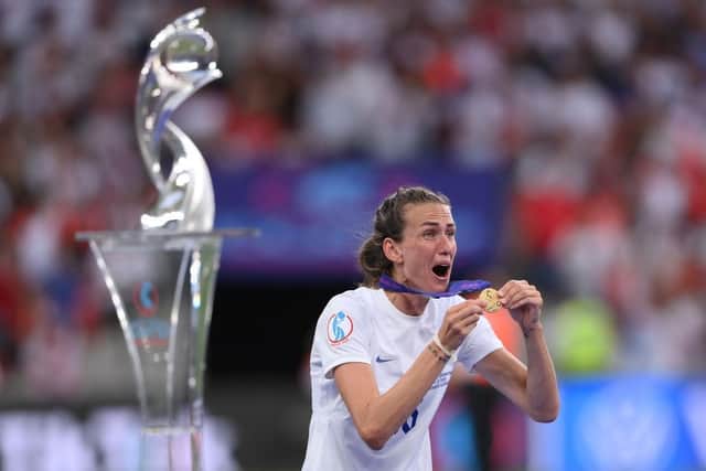 Jill Scott celebrates England's Euros win