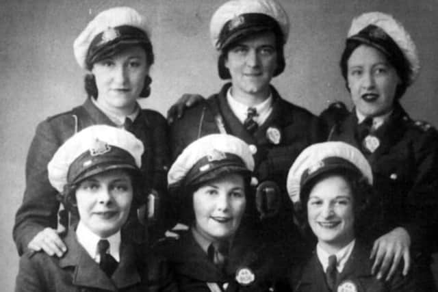 Sunderland conductresses during the Second World War. Back, left to right: Helen Binns, Annie Lennox, Dolly Atkinson. Front: Layla Anderson, Emma Carr and Molly Parker.