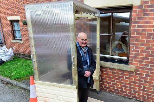 Sydney Bate (89) making use of the pod as he visits his wife Freda (86) at Bryony Park Nursing Home. Picture by FRANK REID