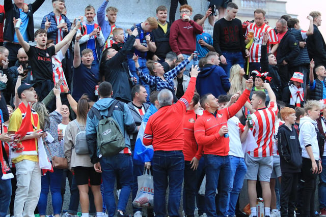 Sunderland take on Wycombe Wanderers at Wembley this afternoon in the League One play-off final. Fans took over Covent Garden and Trafalgar Square on Friday night. Pictures by Frank Reid and Martin Swinney.