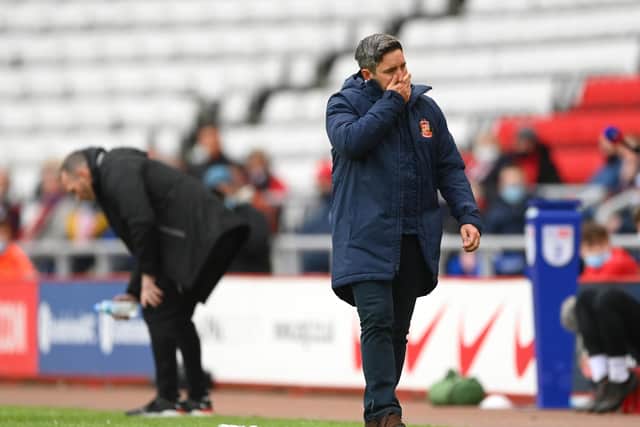 SUNDERLAND, ENGLAND - MAY 22: Sunderland manager Lee Johnson reacts during the Sky Bet League One Play-off Semi Final 2nd Leg match between Sunderland and Lincoln City  at Stadium of Light on May 22, 2021 in Sunderland, England. (Photo by Stu Forster/Getty Images)