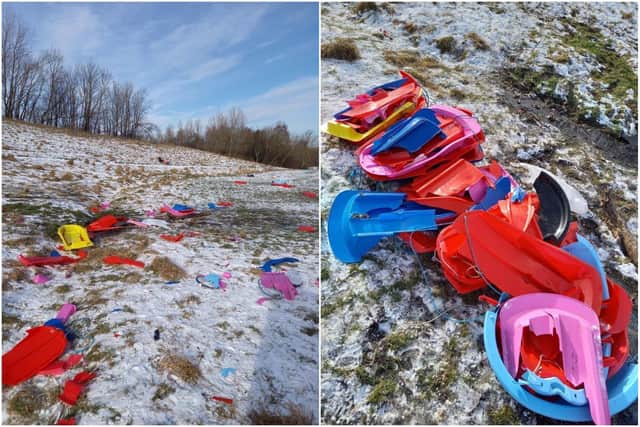 Photos taken by Becca Harvey after she and partner Michael Ward and his daughter Sasha arrived at the park around Silkworth Ski Slope to find bits of broken sledge littering the ground.
