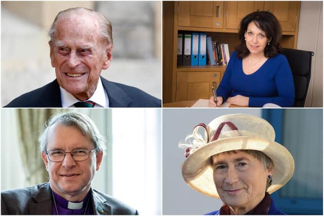(clockwise from top left) Prince Philip, Julie Elliott MP, Susan Winfield and The Rt Revd Paul Butler