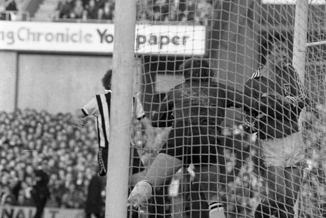 Wayne Entwistle, scoring Sunderland's fourth from very close range at Newcastle in 1979, before an unappreciative Gallowgate End.