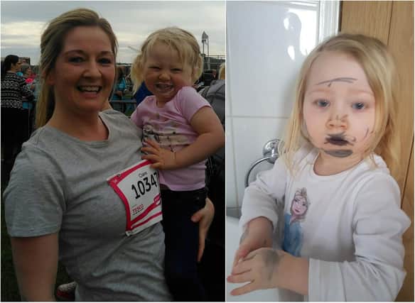 Claire Kilmartin with three-year-old Sadie (left) and Sadie after she gave herself a makeover with a permanent marker (right)