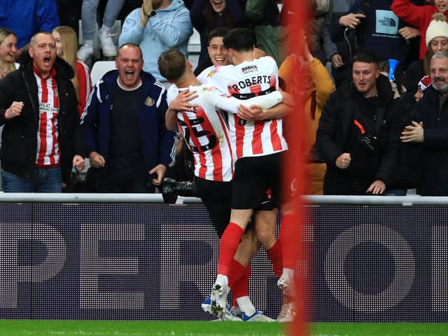 Sunderland celebrate Ross Stewart's goal against Sheffield Wednesday