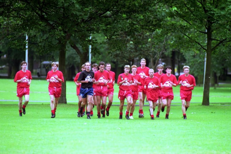 The Hibs players are put through their paces during a pre-season training session in the Meadows in July 1992