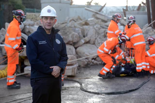 Tyne and Wear Fire and Rescue Service training to rescue casualties on the new collapsed building facility. Deputy Chief Fire Officer Peter Heath.