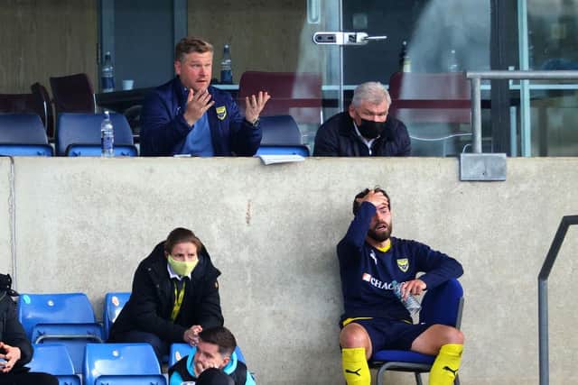 Karl Robinson, manager of Oxford United reacts during the Sky Bet League One Play-off Semi Final 1st Leg match between Oxford United and Blackpool.