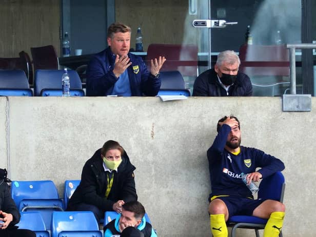 Karl Robinson, manager of Oxford United reacts during the Sky Bet League One Play-off Semi Final 1st Leg match between Oxford United and Blackpool.