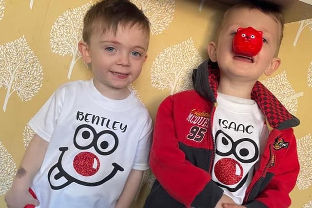 Isaac and Bentley, ages 4 and 2, look the part in their special t-shirts - and a red nose too!