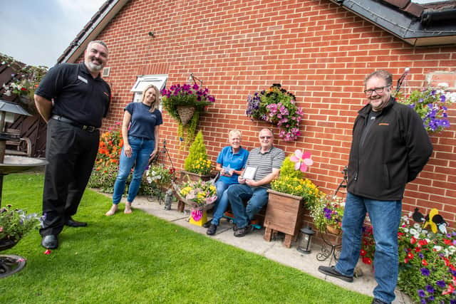 Beautiful garden. From left, Albert Copus, Gentoo estates manager, Amy Porter, CSR manager at ENGIE, Gentoo tenants Pauline and George Crosby who took second place and Nigel Wilson, Gentoo CEO.