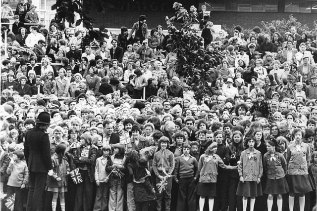 A huge crowd pictured outside the Civic Centre for the visit of Princess Anne in 1973.
