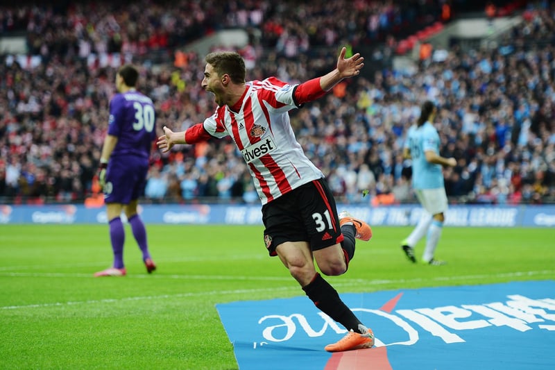 Fabio Borini of Sunderland celebrates scoring the opening goal during the Capital One Cup Final between Manchester City and Sunderland at Wembley Stadium on March 2, 2014 in London, England.