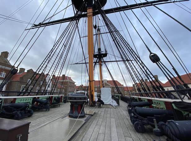HMS Trincomalee is a Royal Navy Leda-class sailing frigate built shortly after the end of the Napoleonic Wars. She is now restored as a museum ship in Hartlepool, England.