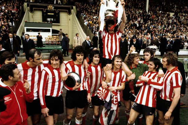 Sunderland's captain Bobby Kerr held aloft by his teammates Billy Hughes and goalkeeper Jim Montgomery after their FA Cup Final victory against Leeds United at Wembley Stadium. PA Photo. Issue date: Tuesday May 5, 2020. Sunderland defied the odds to beat Leeds in the FA Cup final on May 5, 1973. See PA story SOCCER On This Day Sunderland. Photo credit should read PA/PA Wire.