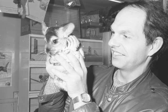 Pet shop owner Len Maidment with the one-day old who was born in his shop to parent Chinchillas George and Mildred.