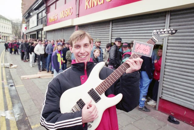 David Jackson with the £300 guitar he bought for just £1.  He queued for 16 hours outside Kings's Music in Borough Road to get his hands on the bargain.