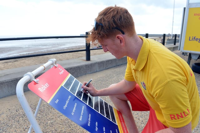 RNLI Lifeguard Louis Irwin carries out a temperature check at Roker during the heatwave