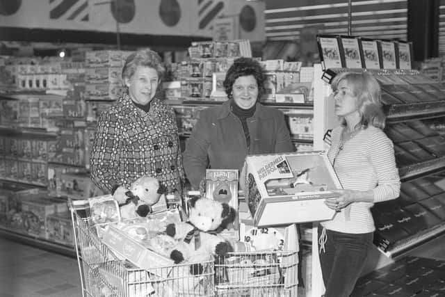 Pools winner Viv Nicholson at Sava Centre store in Washington. loading up toys for the Sunderland Children's Hospital while at the store to promote her book. She is pictured with the matron of the hospital Jean Tindill, left and Sister Valerie Whitfield.