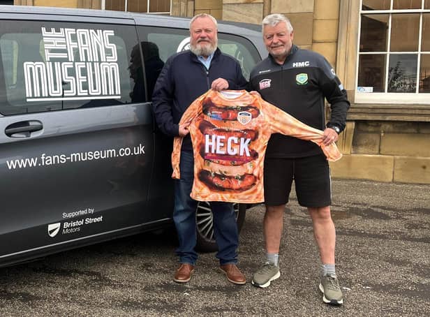 Fans Museum founder Michael Ganley, left, receives the "Toad in the Goal" kit from Bedale AFC chairman and Sunderland fanatic Martyn Coombs.