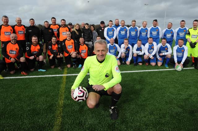 Premier League football referee Martin Atkinson takes charge of a charity match in aid of Jenna Lee Carrington at the Washington Hub.