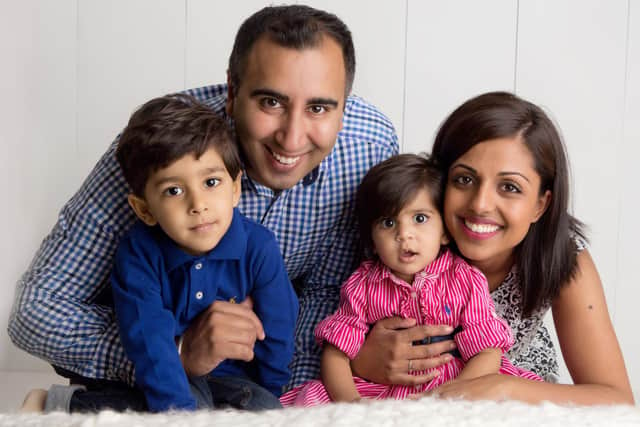 The Randhawa family in a family photo taken prior to Saahib's cancer diagnosis. Pictured, left to right, are Saahib, dad Manprit, Saahib's sister, Mia, and mum Gurpreet.