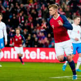 Norway's forward Alexander Sorloth celebrate scoring during the UEFA Euro 2020 Group F qualification football match between Norway and the Faroe Islands in Oslo, Norway, on November 15, 2019. (Photo by Fredrik Hagen / various sources / AFP) / Norway OUT (Photo by FREDRIK HAGEN/NTB Scanpix/AFP via Getty Images)