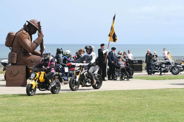 Rolling Thunder veterans' motorbike riders start to gather around the Tommy statue on Seaham seafront.