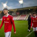 LEIGH, ENGLAND - FEBRUARY 11: Joe Hugill of Manchester United U21s in action during the Premier League 2 match between Manchester United U21s and Everton U21s at Leigh Sports Village on February 11, 2023 in Leigh, England. (Photo by Ash Donelon/Manchester United via Getty Images)