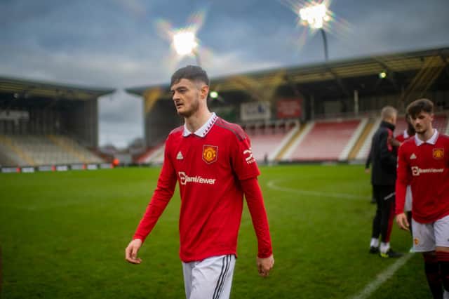 LEIGH, ENGLAND - FEBRUARY 11: Joe Hugill of Manchester United U21s in action during the Premier League 2 match between Manchester United U21s and Everton U21s at Leigh Sports Village on February 11, 2023 in Leigh, England. (Photo by Ash Donelon/Manchester United via Getty Images)